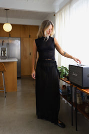 Black Pleated Rouched Midi Skirt