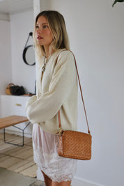 Natural Woven Checker Midi Sac