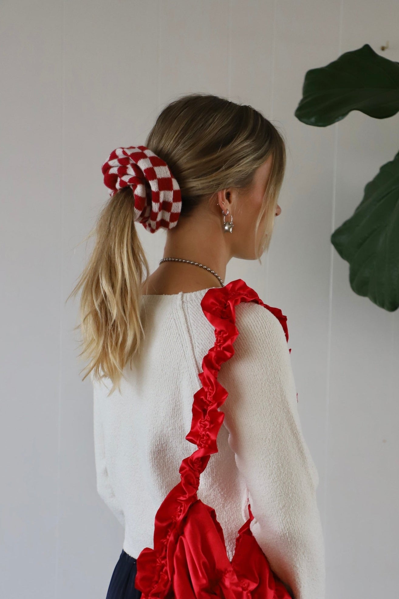 Red Check Knitted Scrunchie