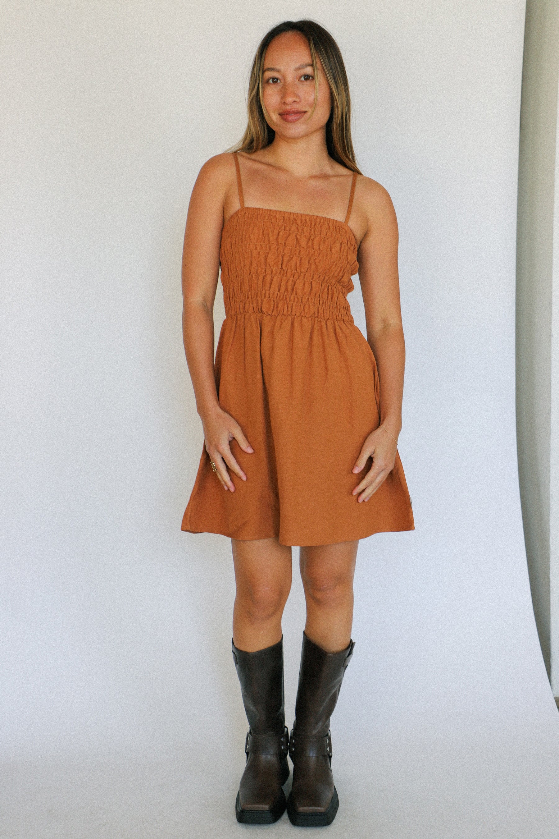 Caramel Classic Shirred Mini Dress