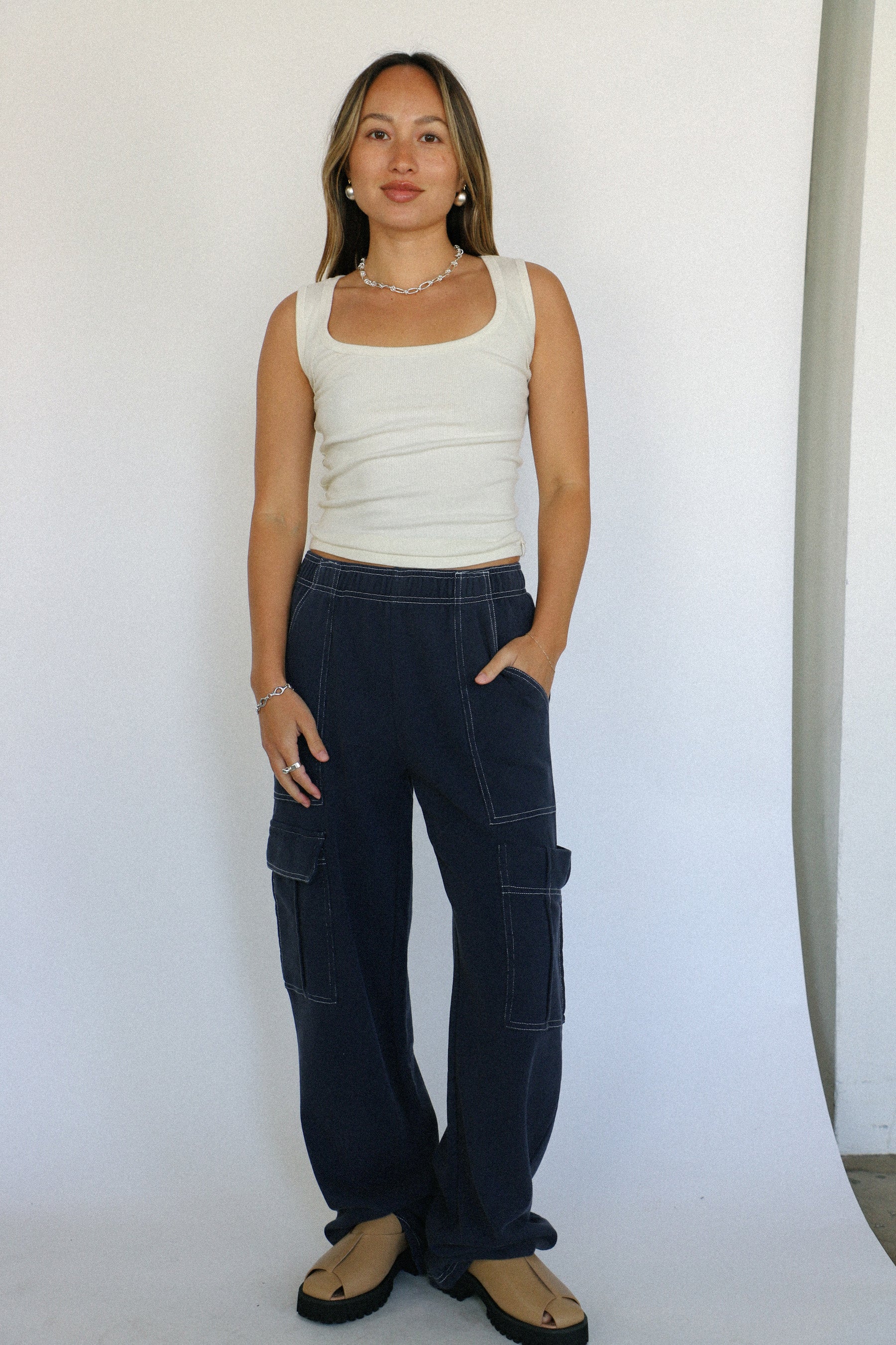 Navy Terry Utility Cargo Pant