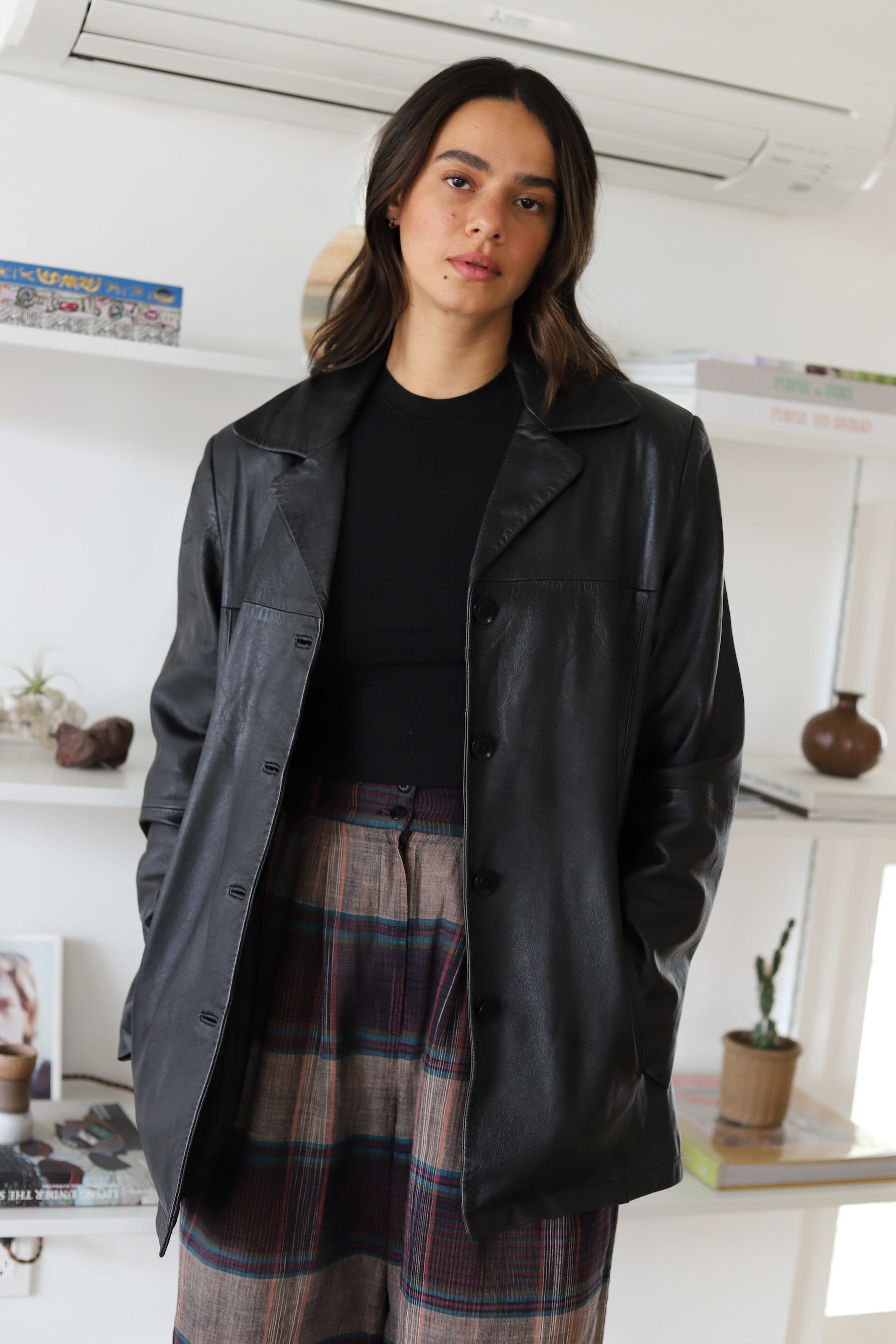 Black Leather Mid Length Blazer