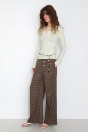Checkered Drawstring Wide Leg