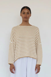 Beige Boatneck Stripe Knit Pullover