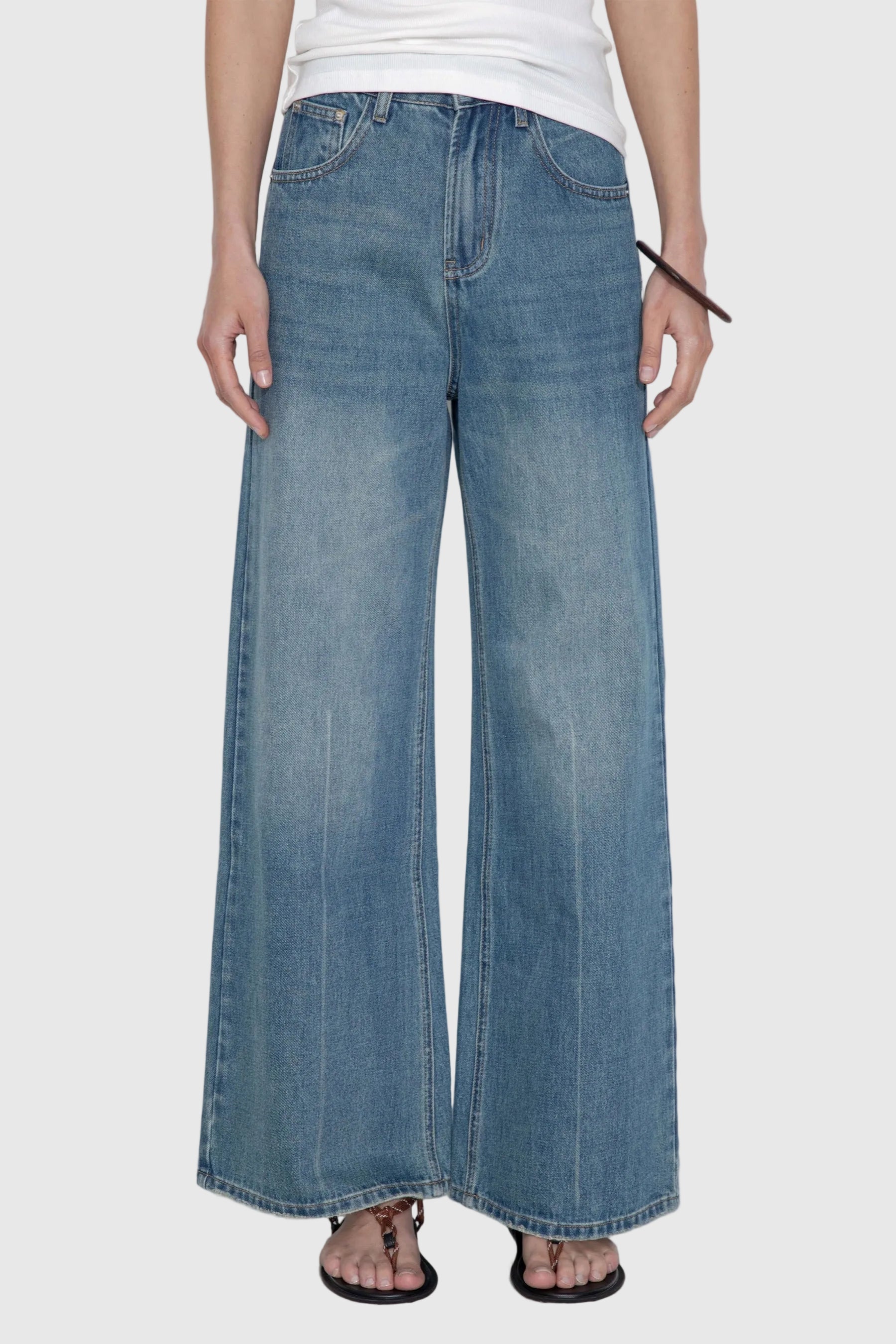 Washed Blue Loose Fit Flare Jean