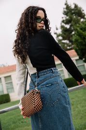 Black & Natural Woven Checker Midi Sac