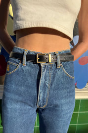 Black Leather White Stitching Belt