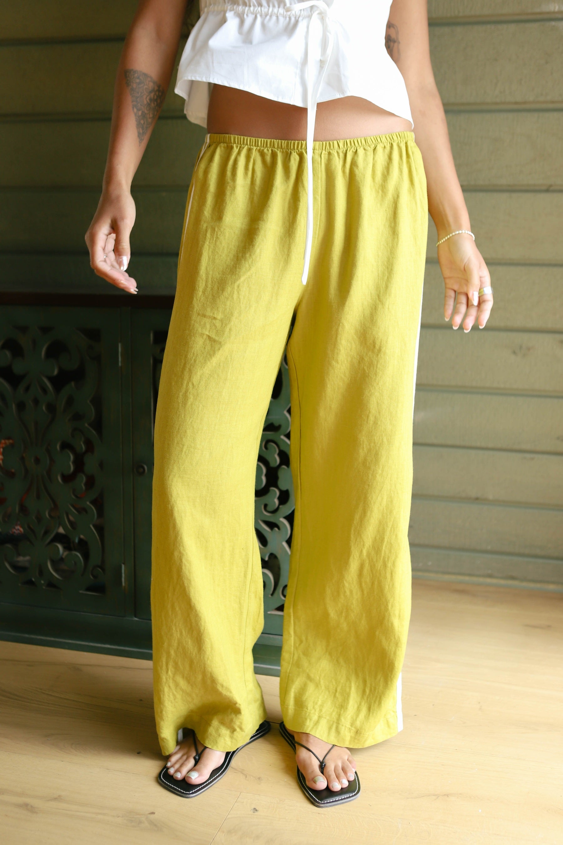 Pistachio Linen Racer Stripe Crop Pant