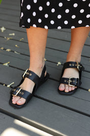 Black Blossom Buckle Sandal