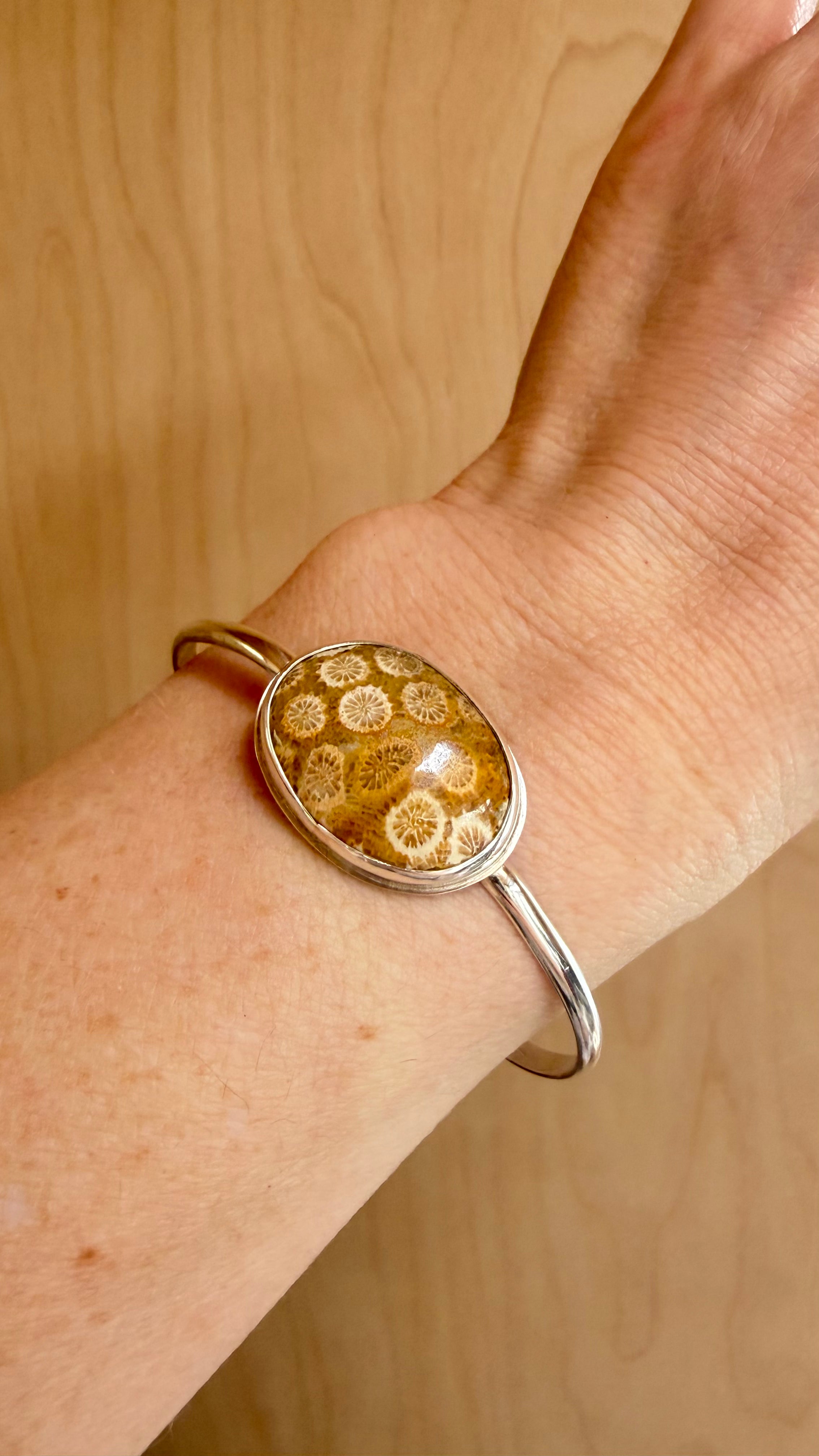 Silver Oval Fossilized Coral Cuff