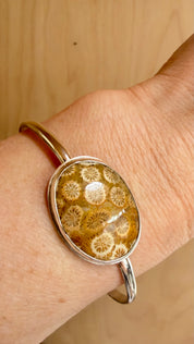 Silver Oval Fossilized Coral Cuff