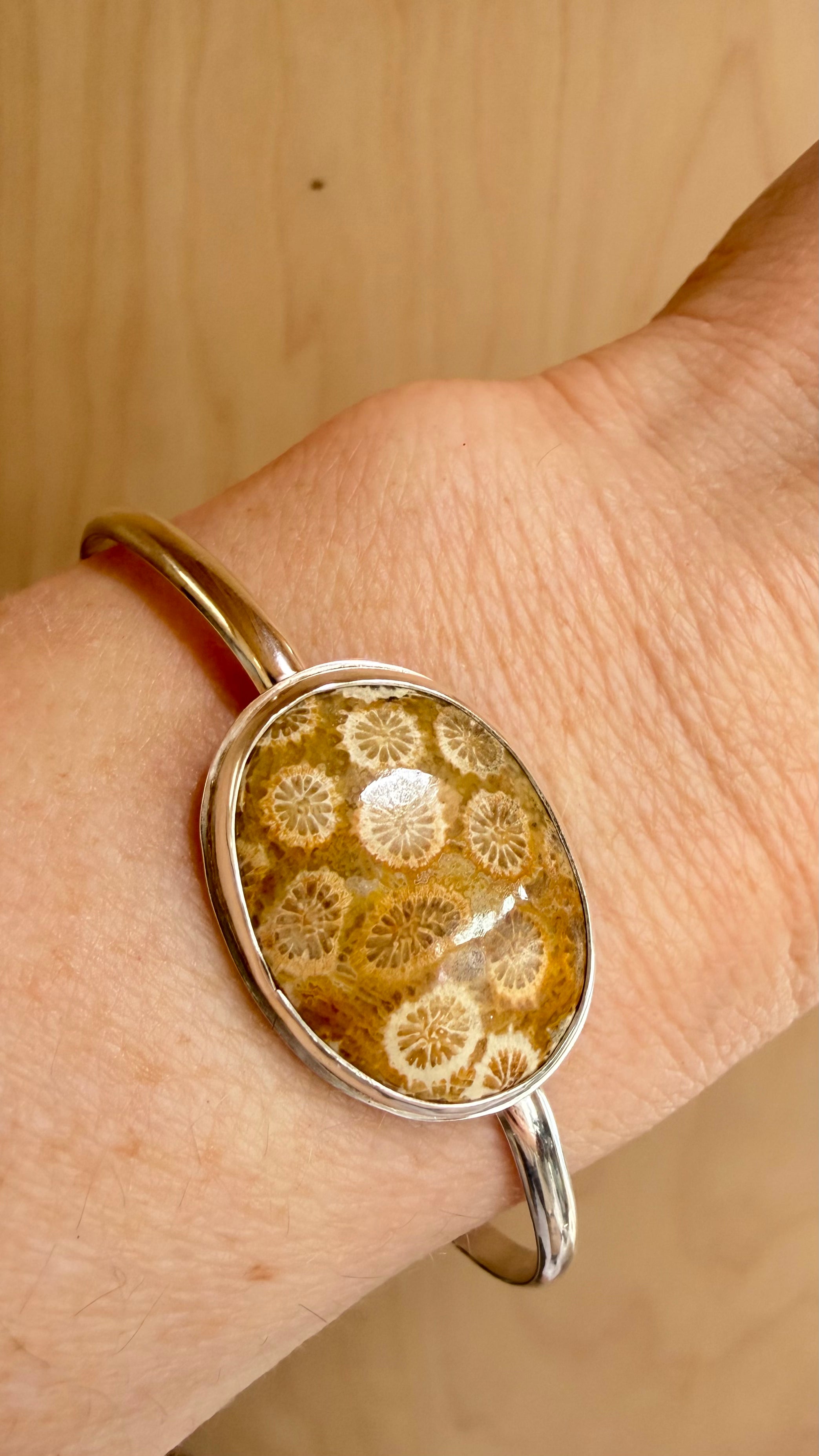 Silver Oval Fossilized Coral Cuff