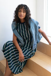Navy Striped Long Jersey Dress