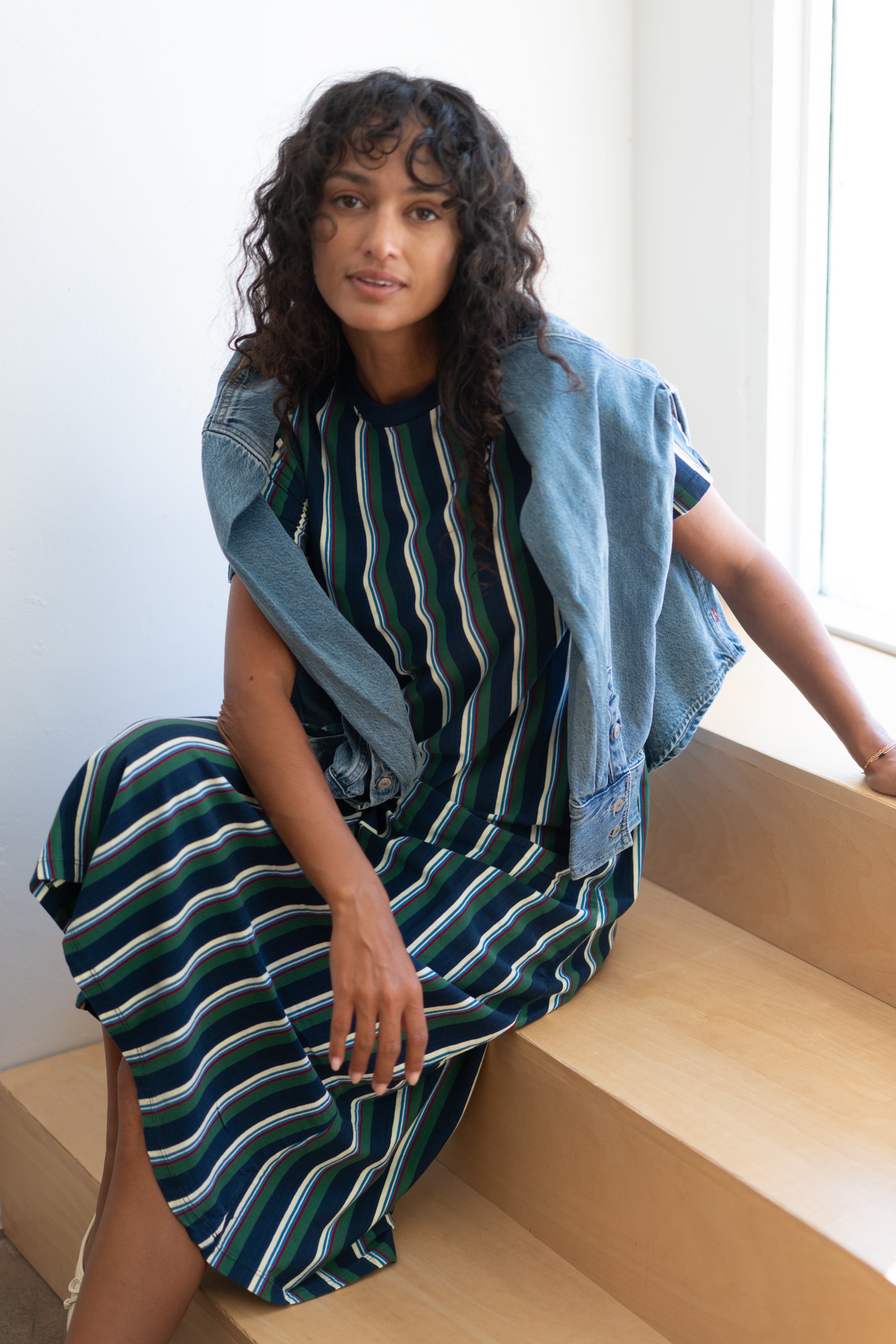 Navy Striped Long Jersey Dress