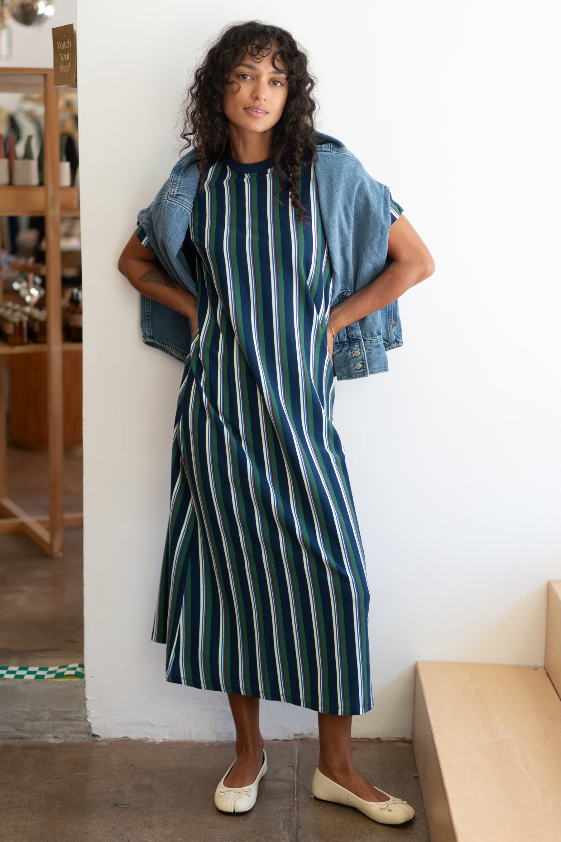 Navy Striped Long Jersey Dress