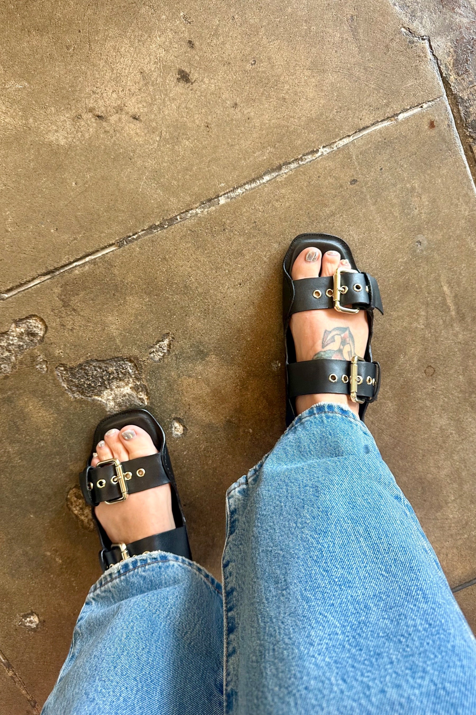 Black Blossom Buckle Sandal