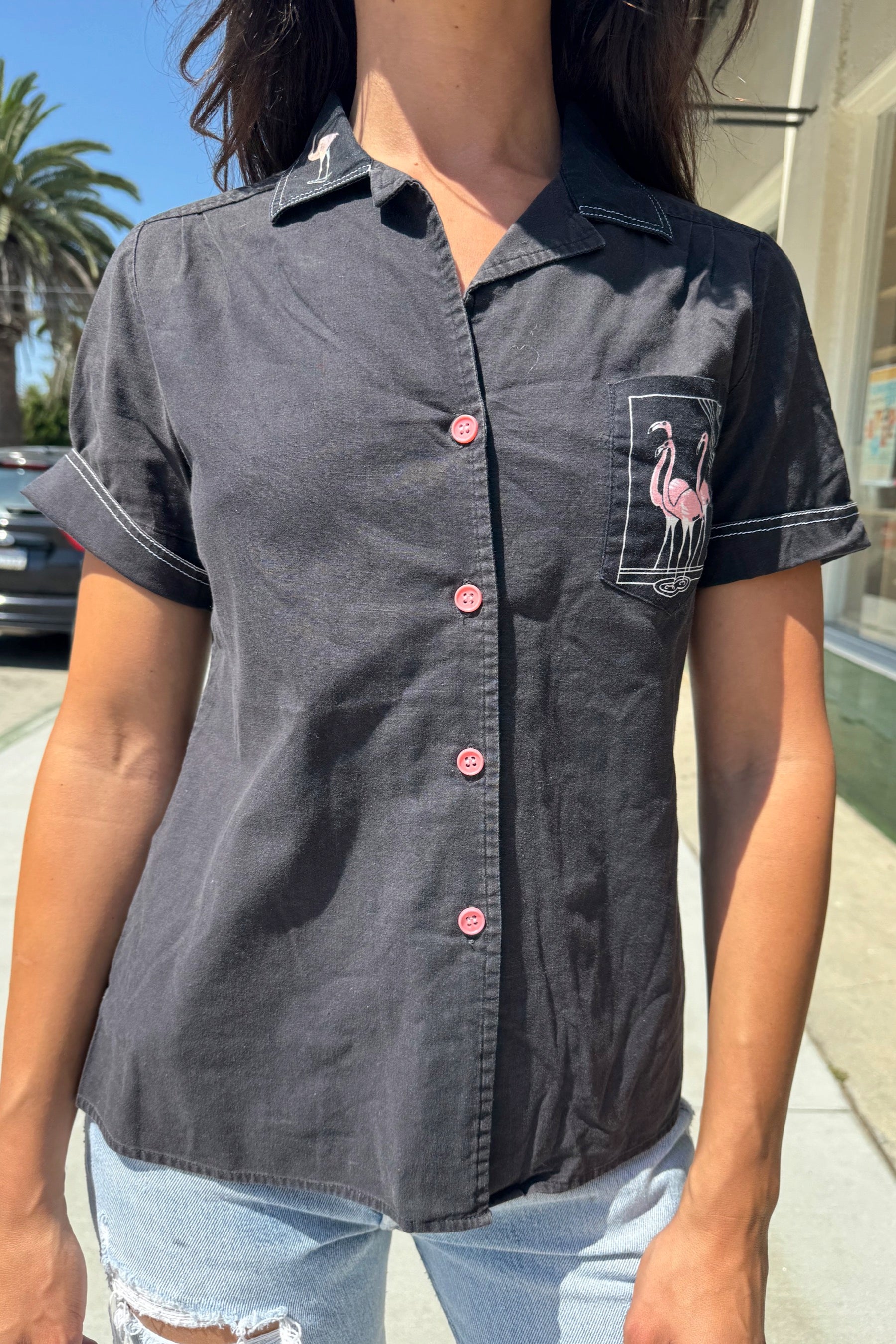 Black Flamingo Button Up
