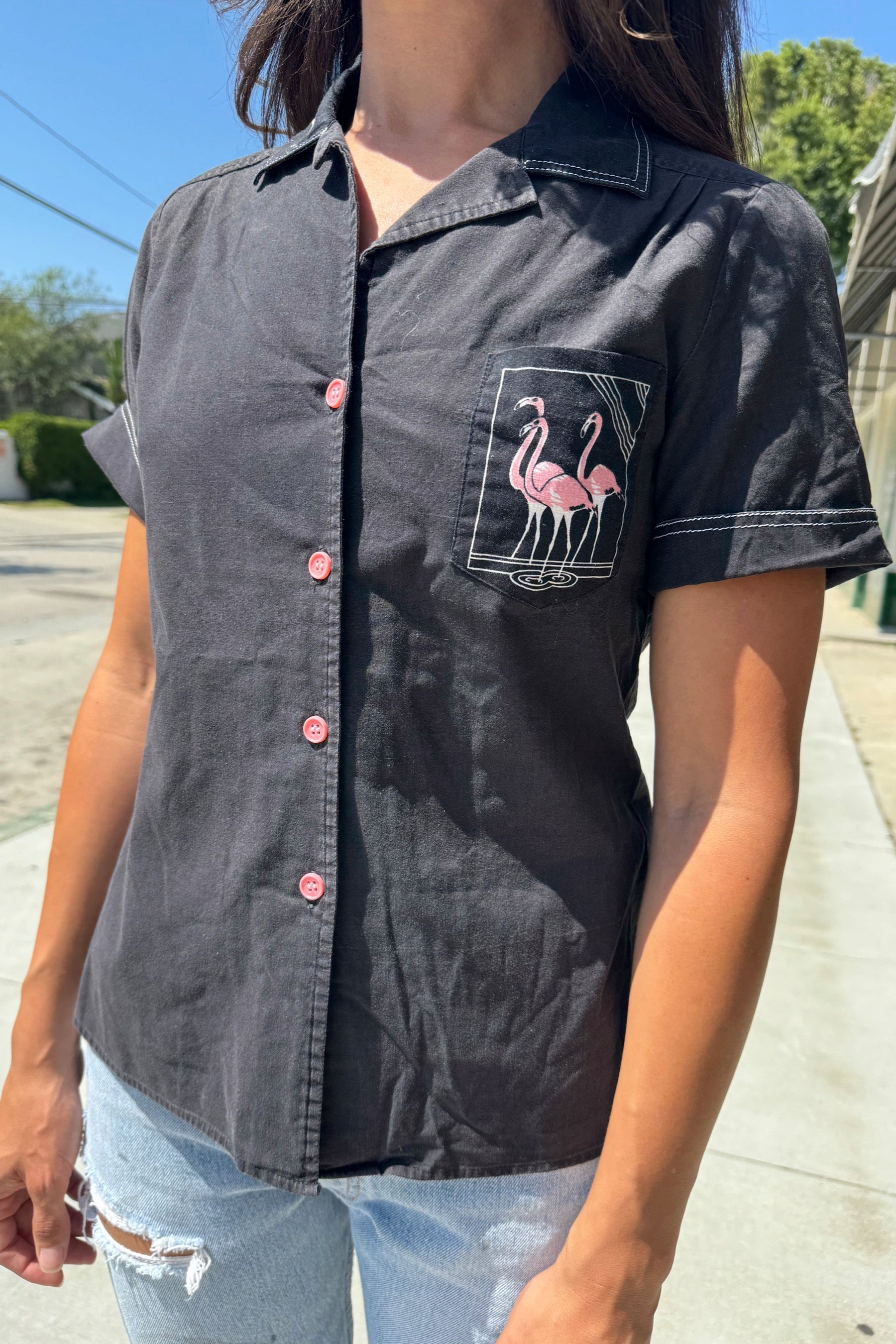Black Flamingo Button Up