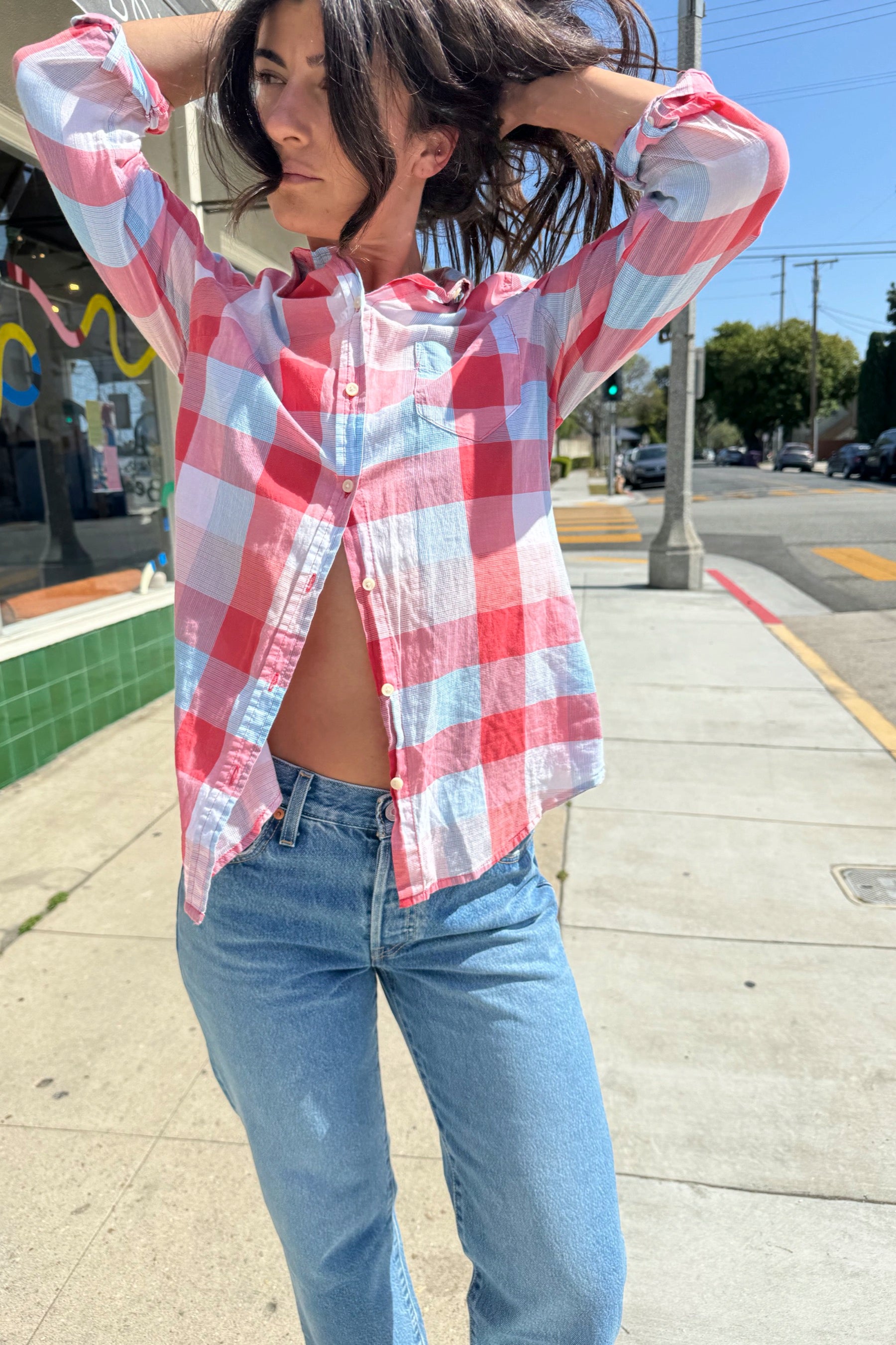 Blue + Red Plaid Button Up