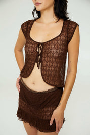 Brown Geo Lace Tie Top