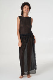 Black Pleated Rouched Midi Skirt