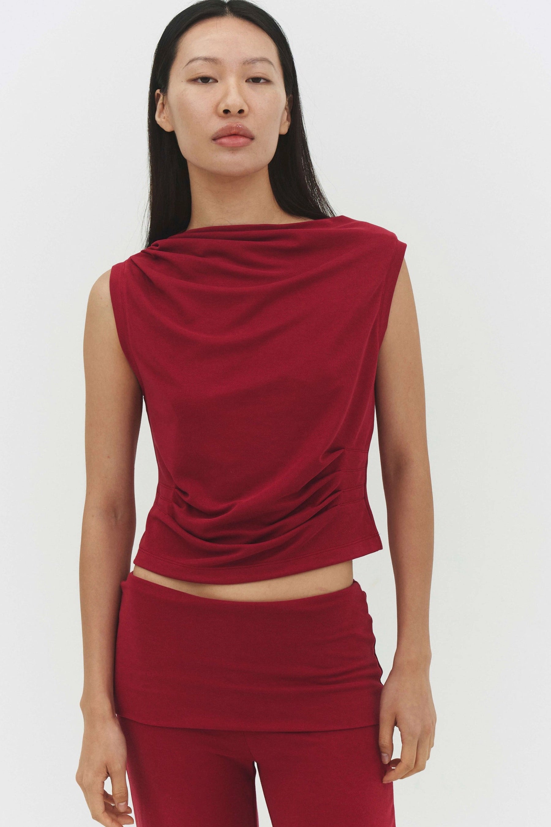 Raspberry Asymmetric Pleats Tank