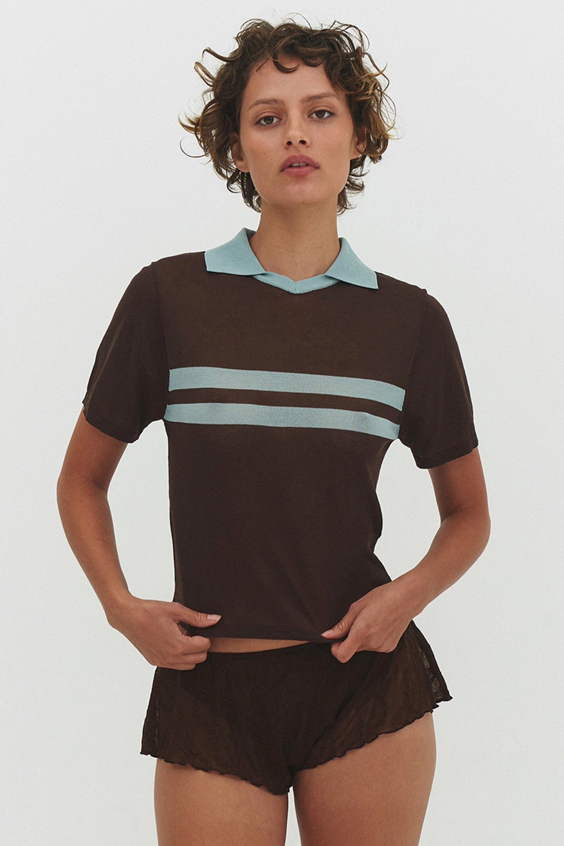 Cocoa Cream Stripe Polo Top