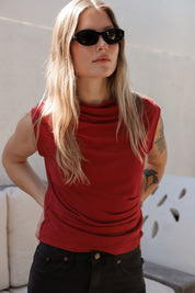 Raspberry Asymmetric Pleats Tank