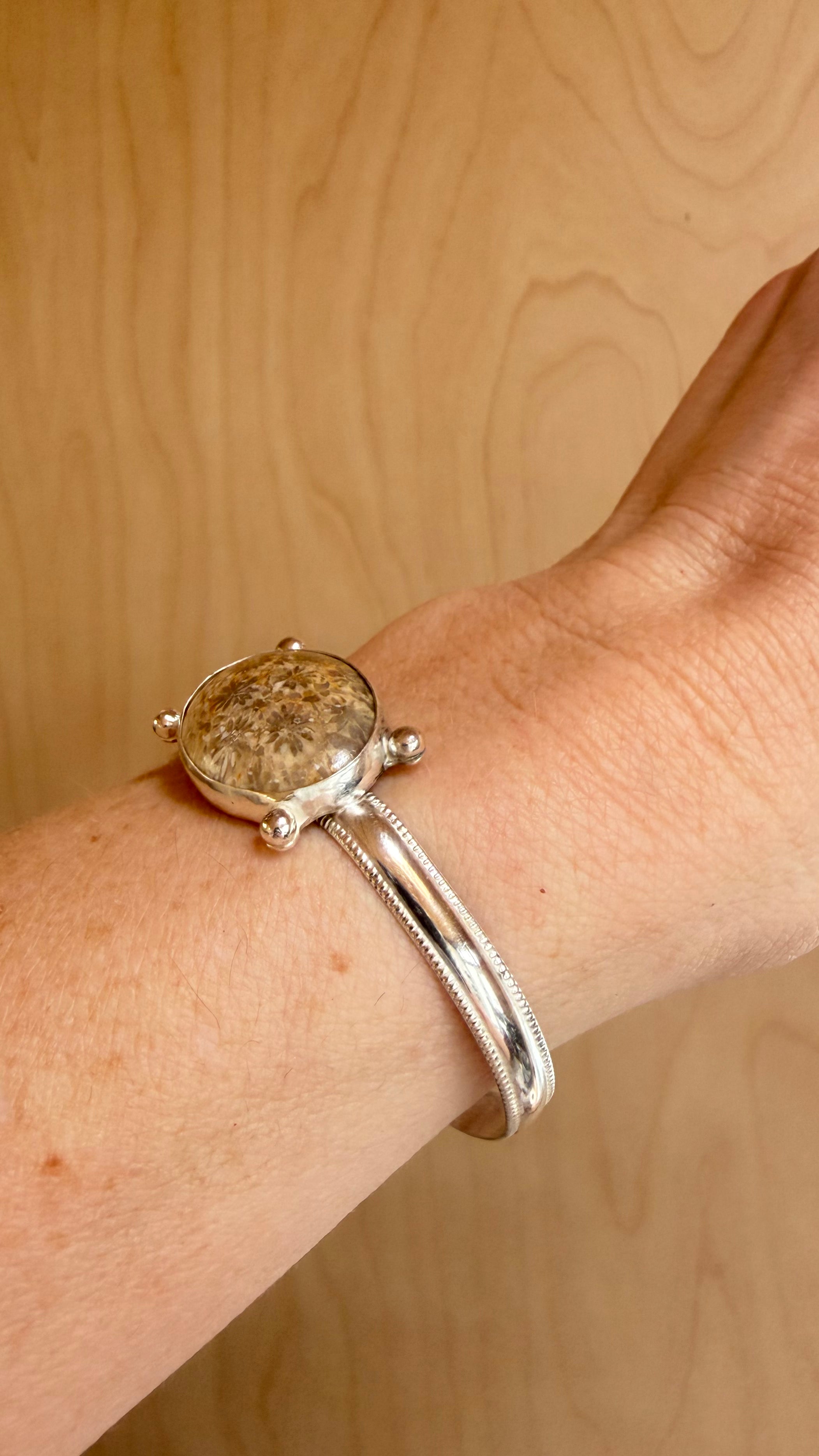 Silver Beaded Fossilized Coral Cuff