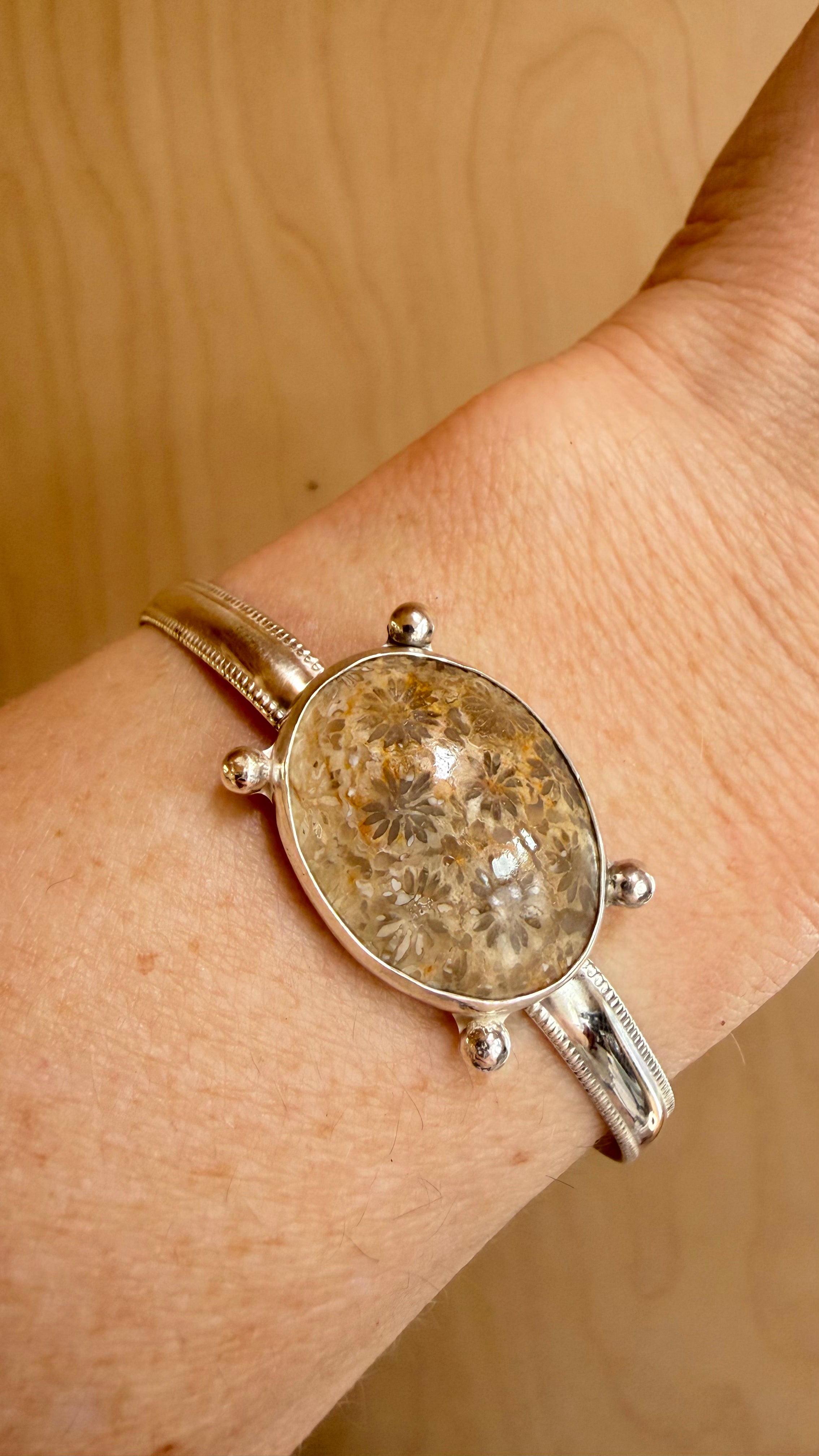 Silver Beaded Fossilized Coral Cuff