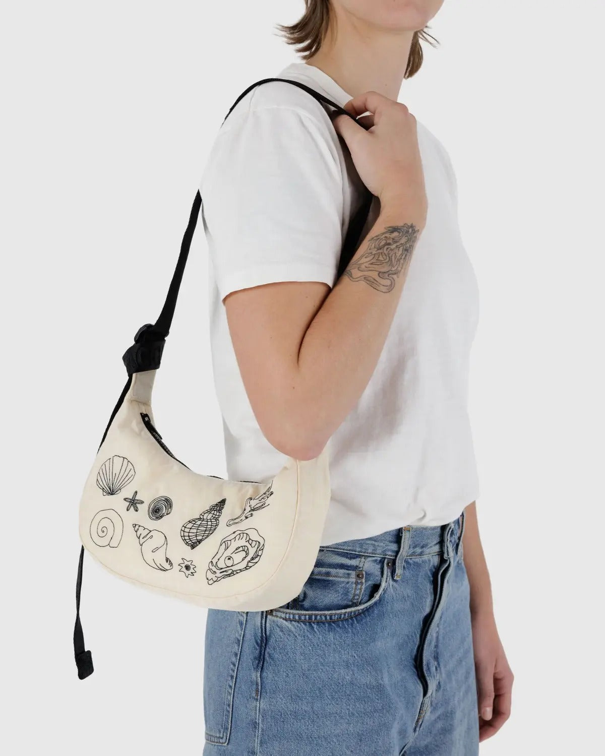 Embroidered Shells Small Crescent Bag