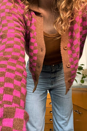Magenta Chess Check Cardigan