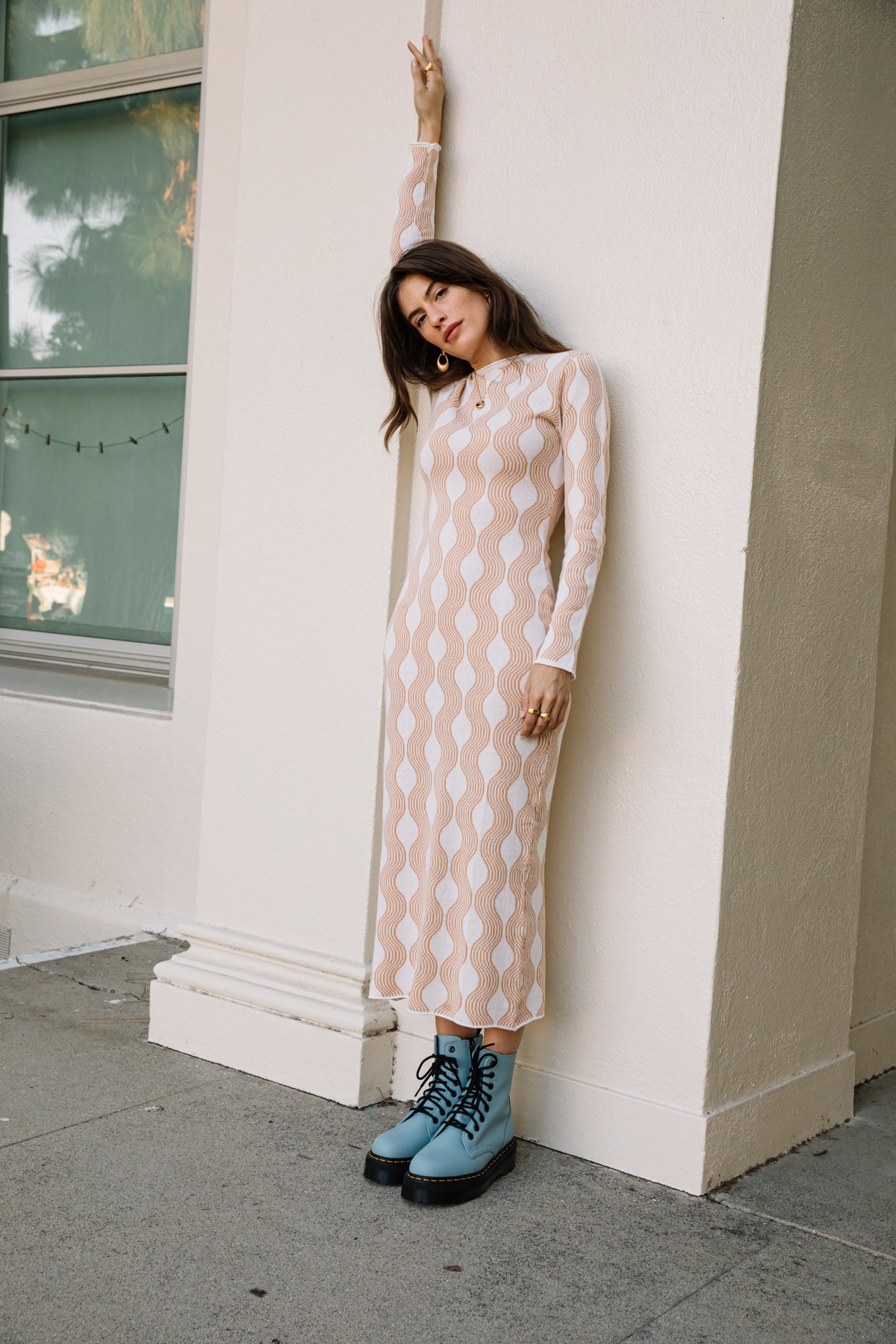 Tan Wave Knit Cotton Dress