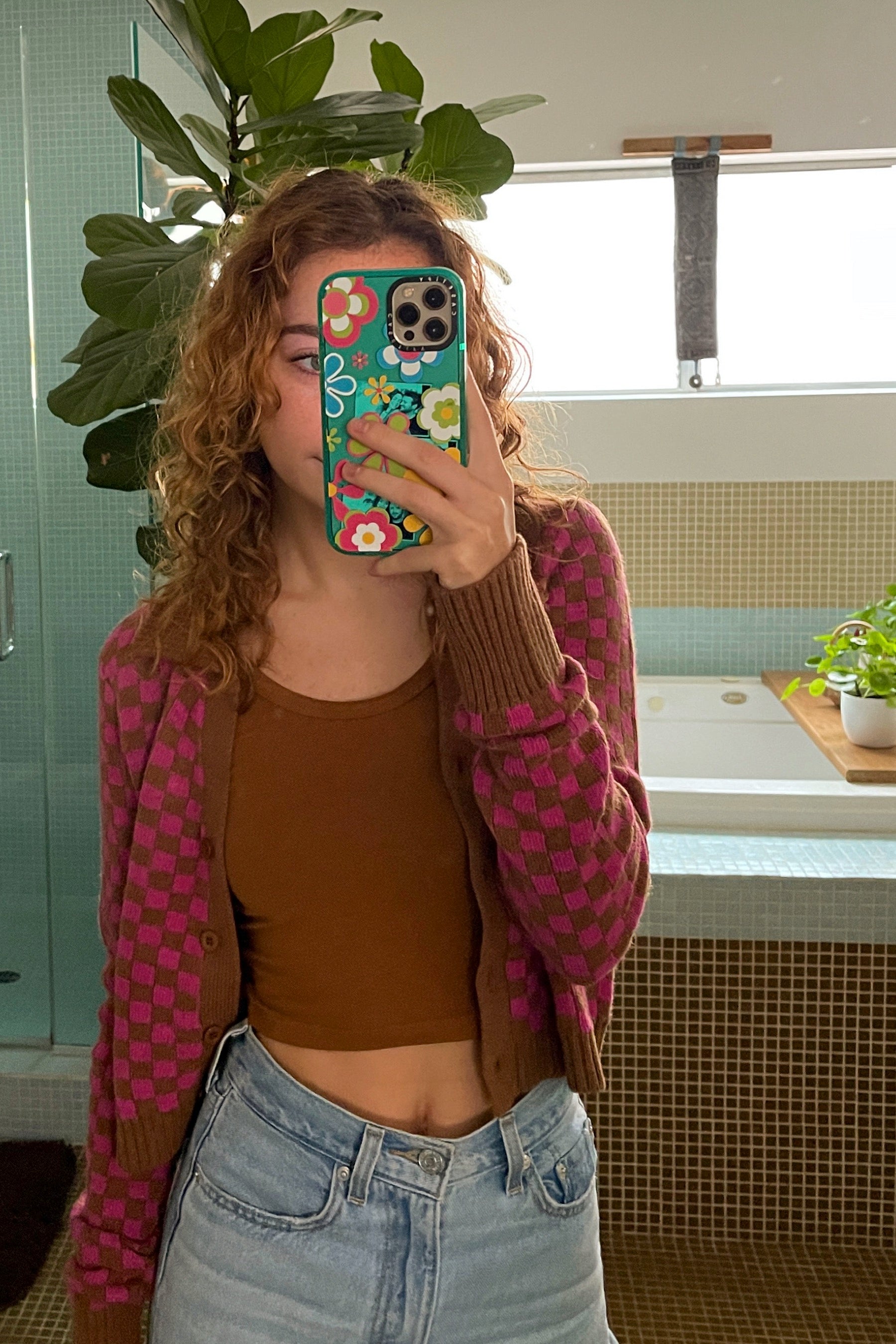 Magenta Chess Check Cardigan