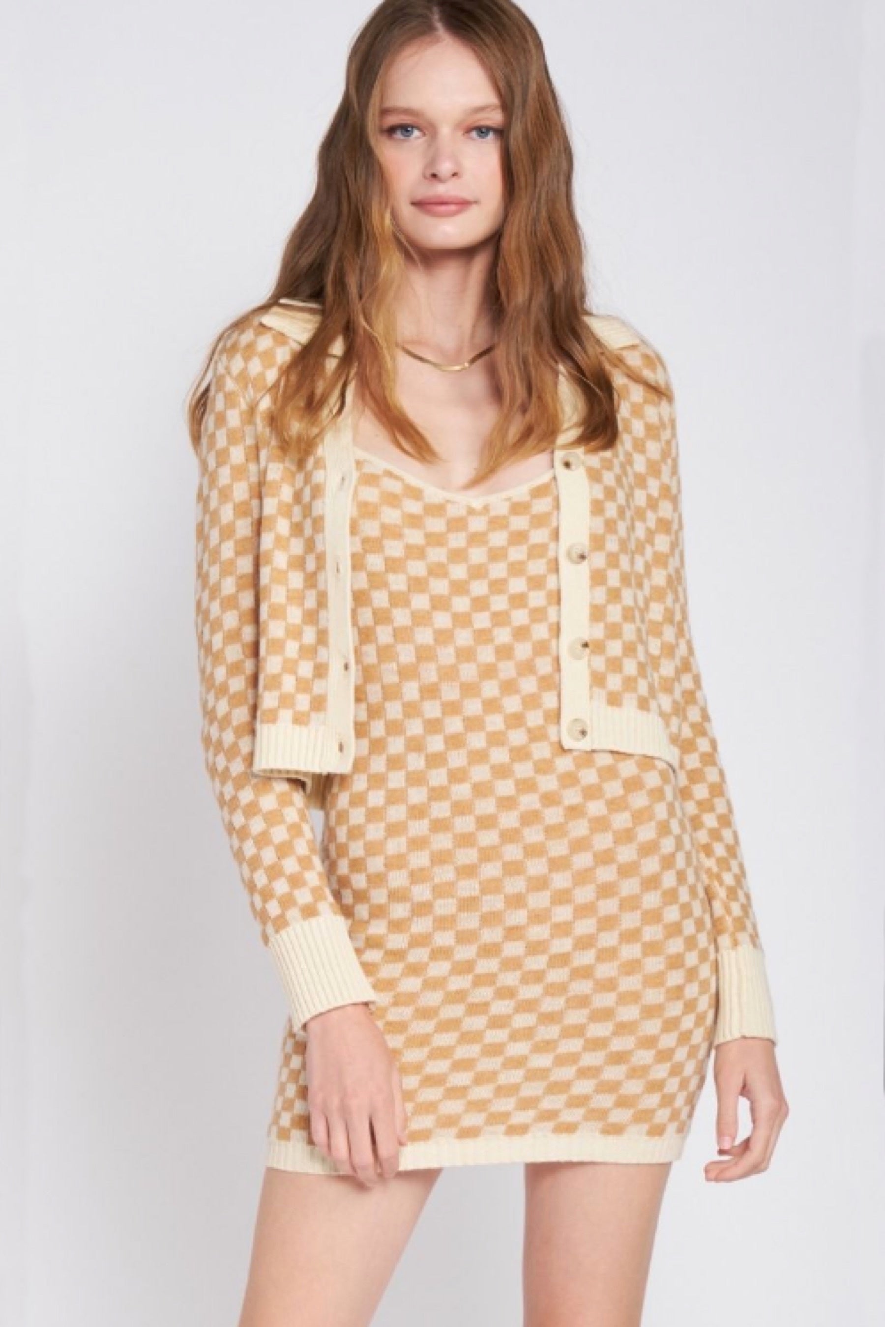 Beige Chess Check Cardigan