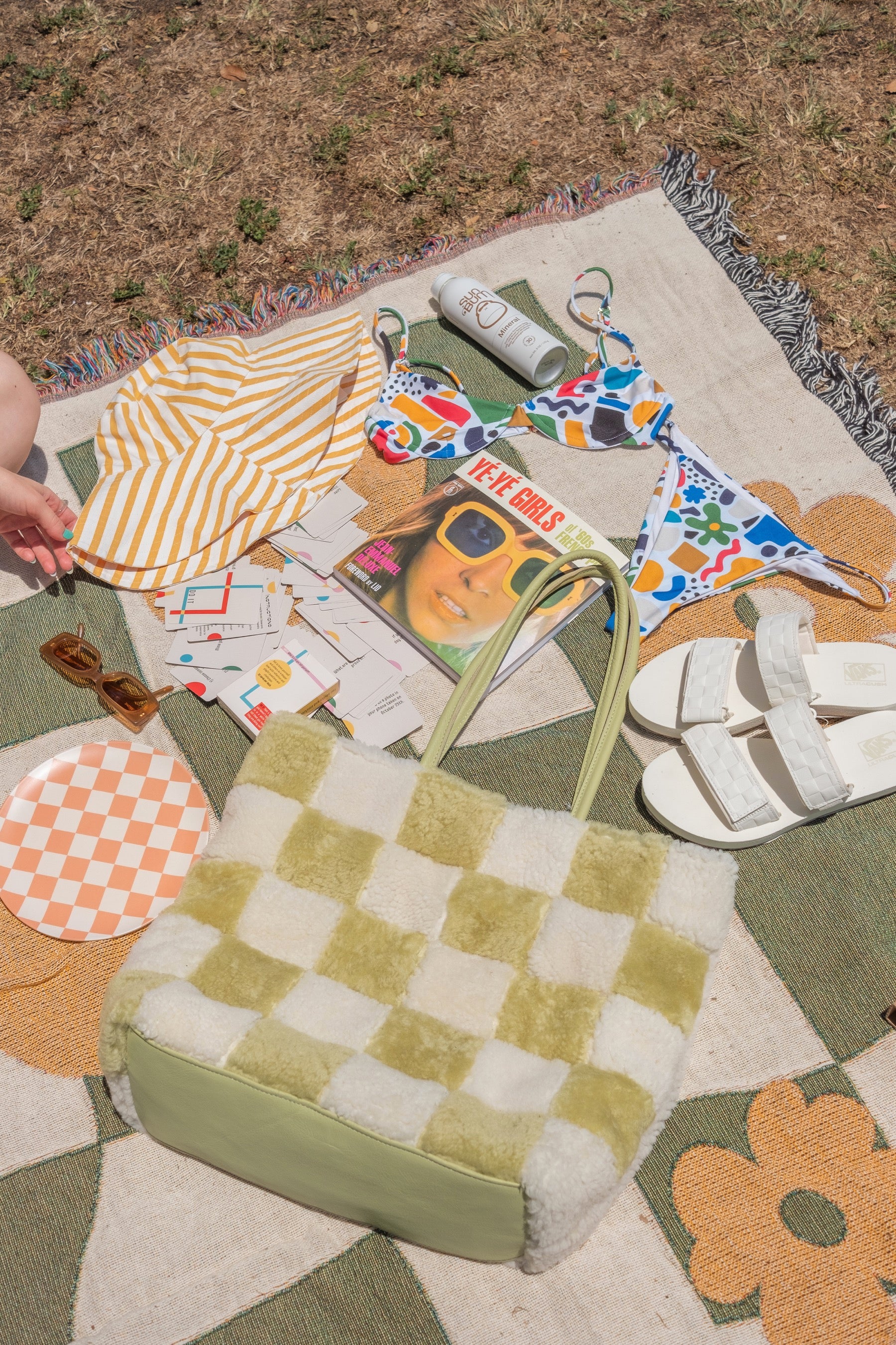 X Prism Avocado + White Checkered Patchwork Tote