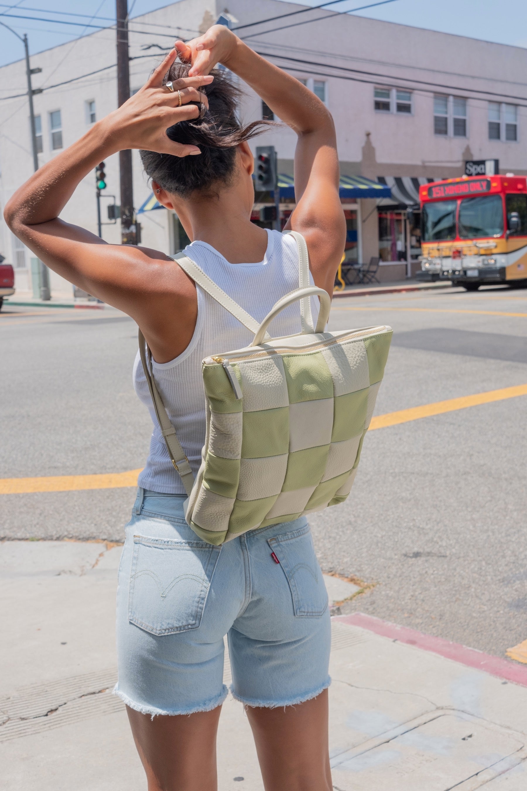 X Prism Avocado + Cream Checkered Patchwork Backpack