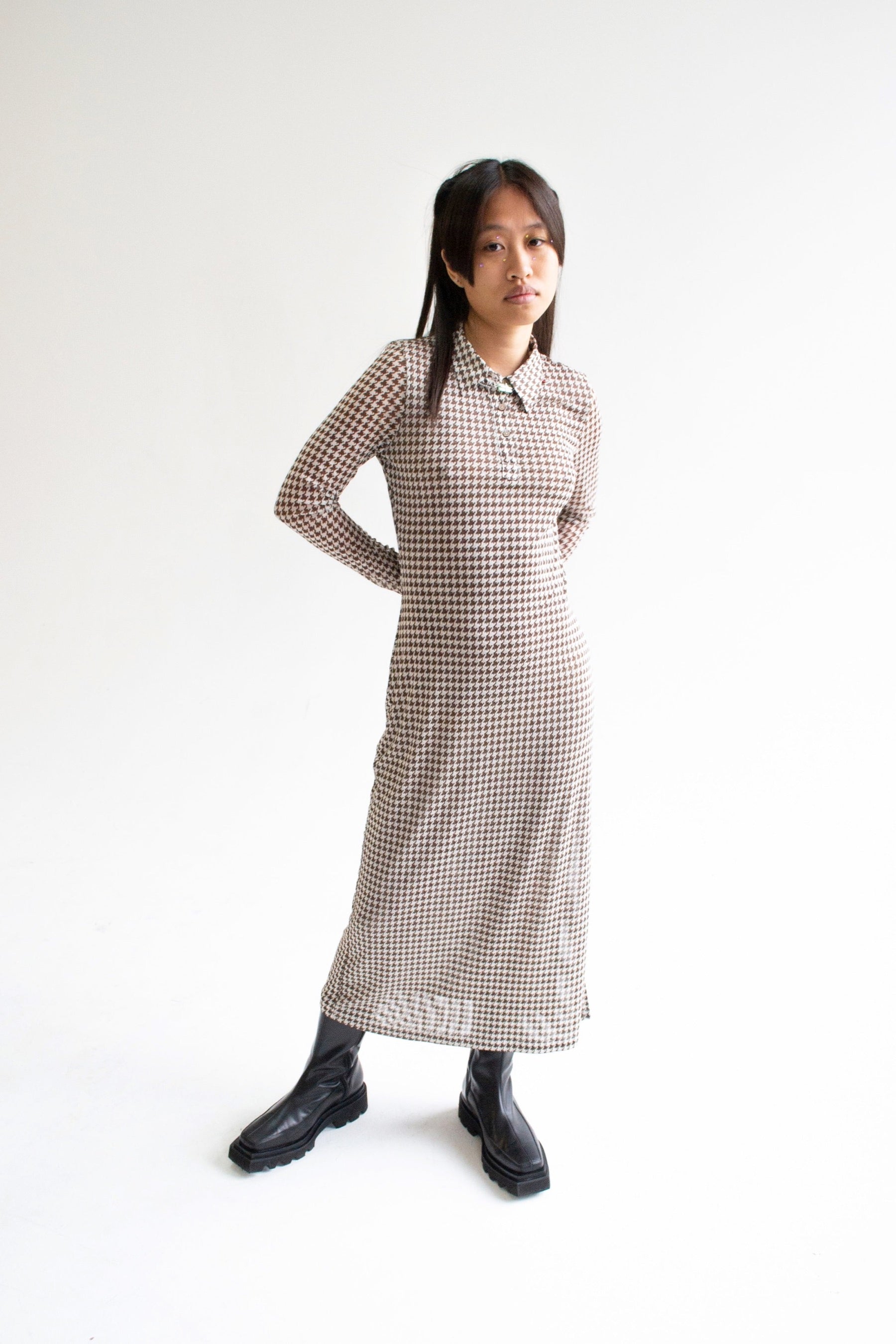 Brown Houndstooth Elena Midi Dress