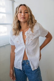 White Linen Embroidered Blouse