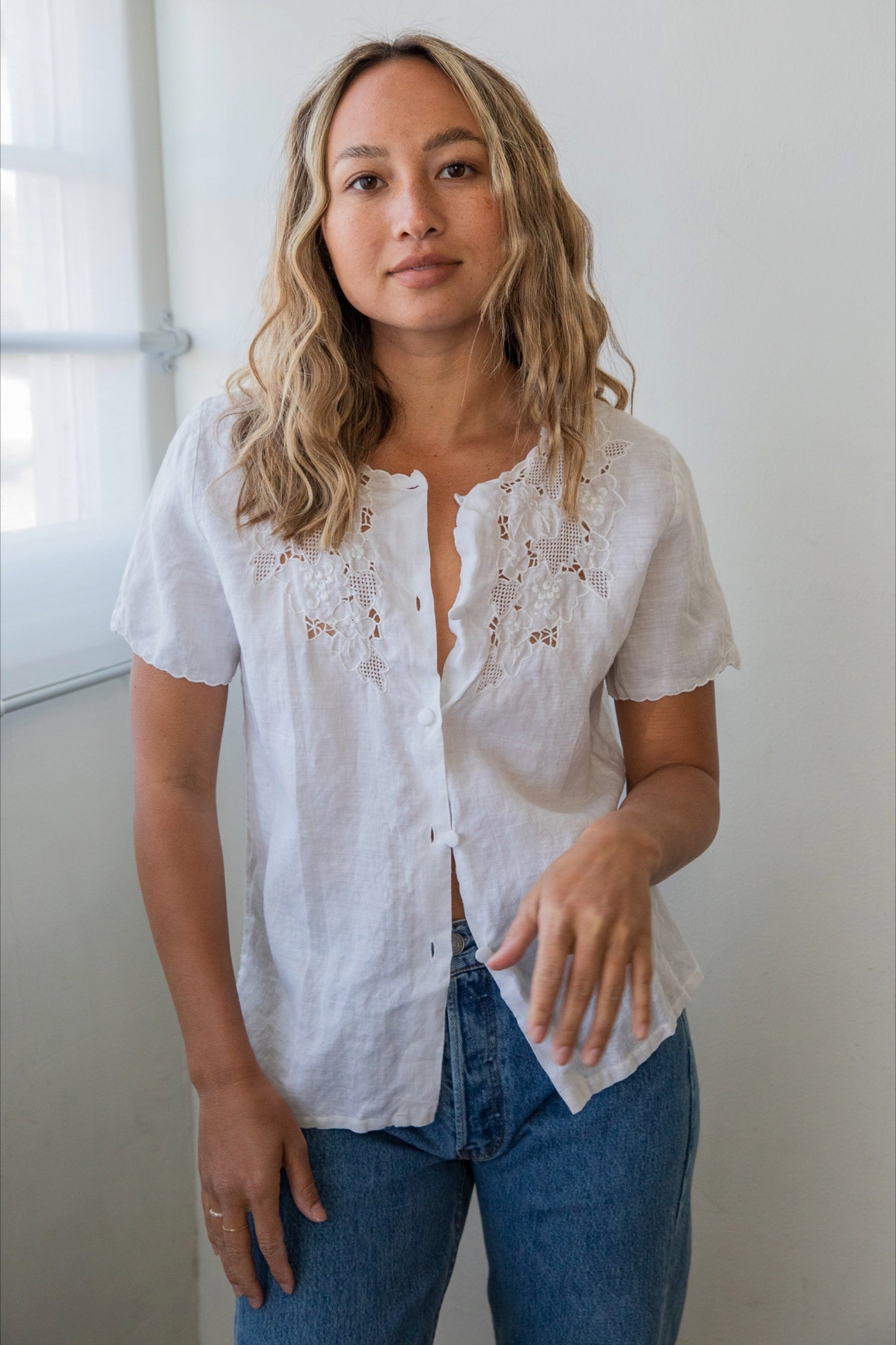 White Linen Embroidered Blouse