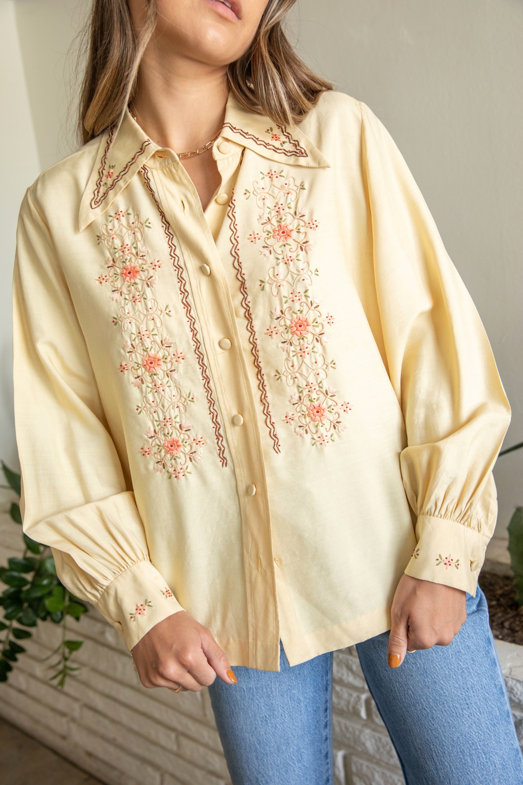 Hand Embroidered Silk Button Down