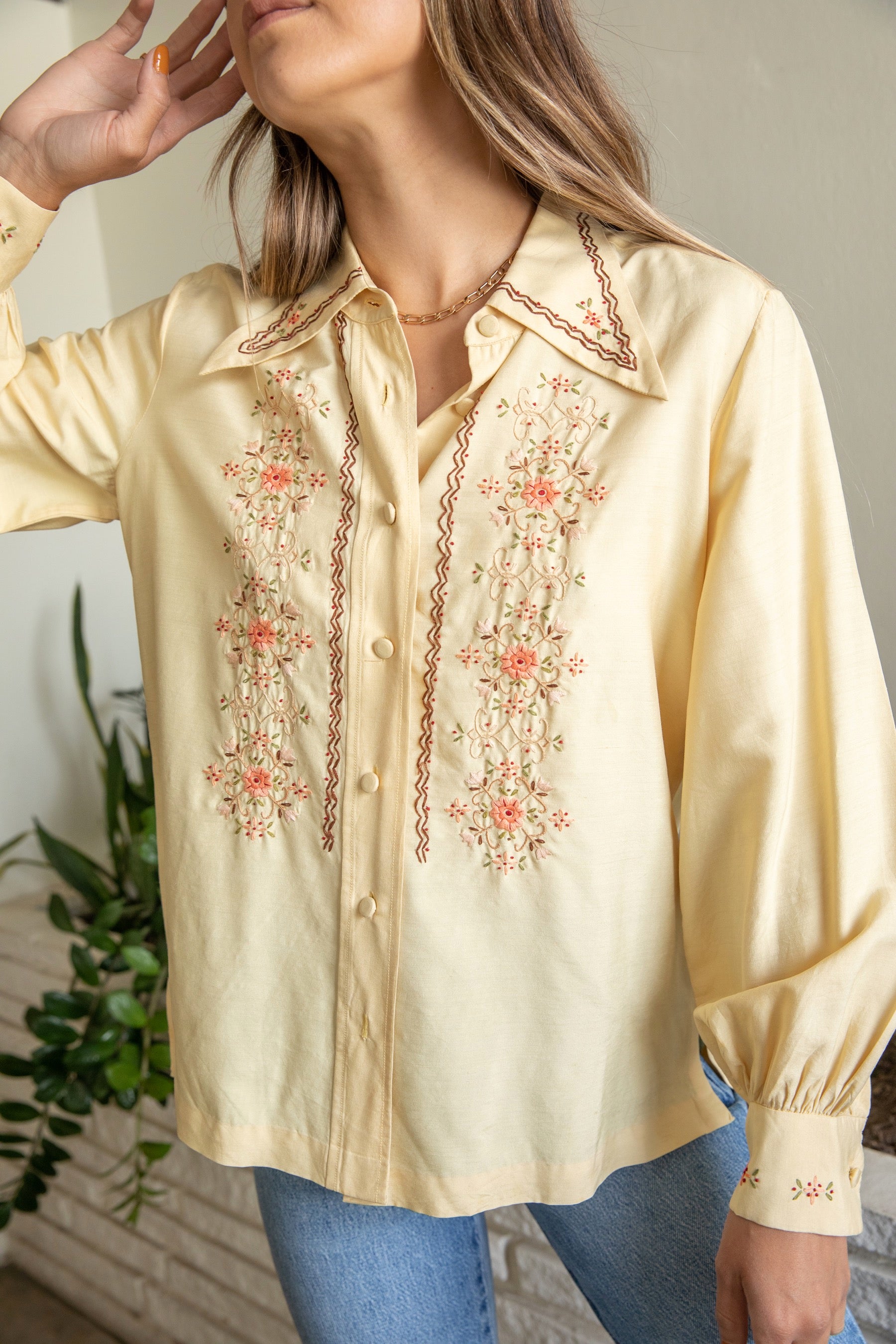 Hand Embroidered Silk Button Down