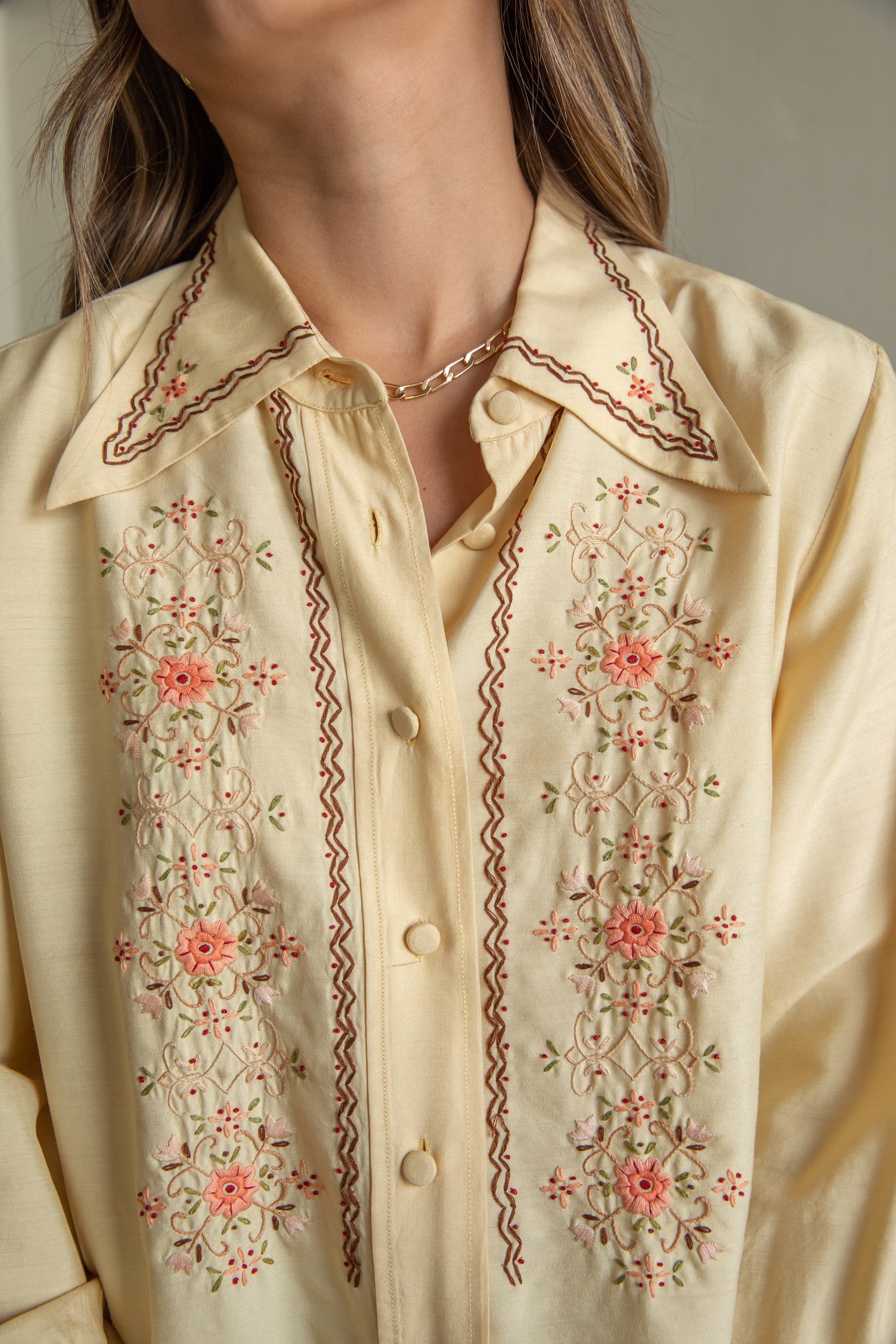 Hand Embroidered Silk Button Down