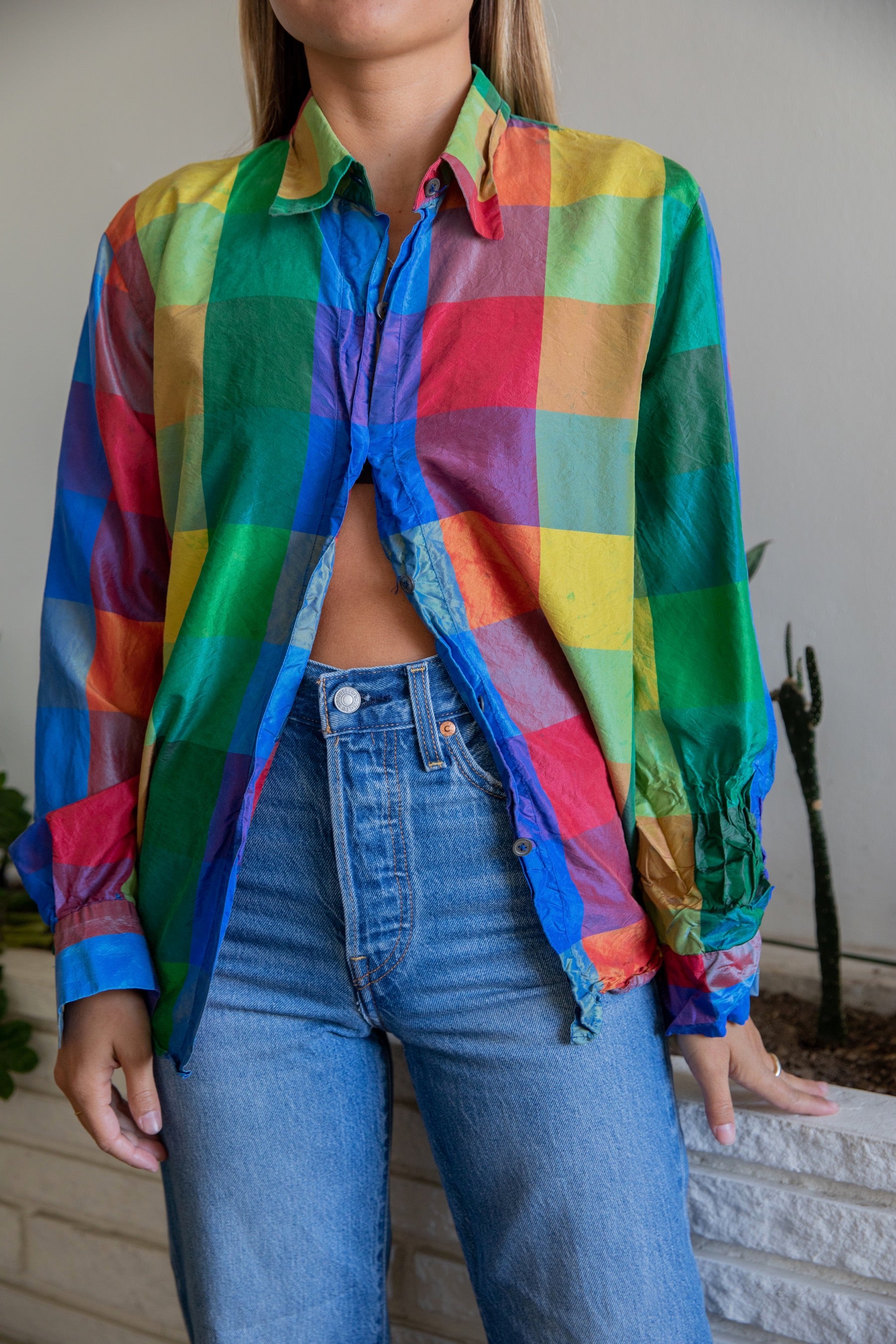 Rainbow Checkered Silk Button Down