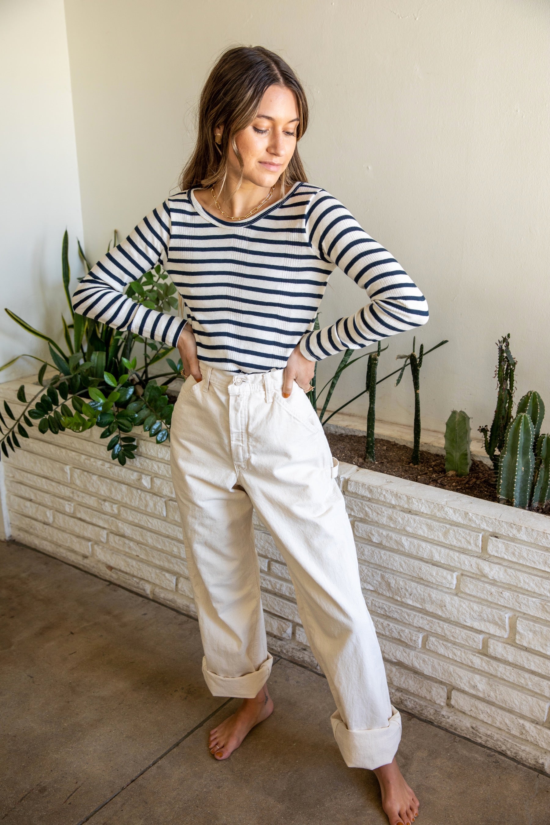 Navy Stripe Scoop Long Sleeve Tee