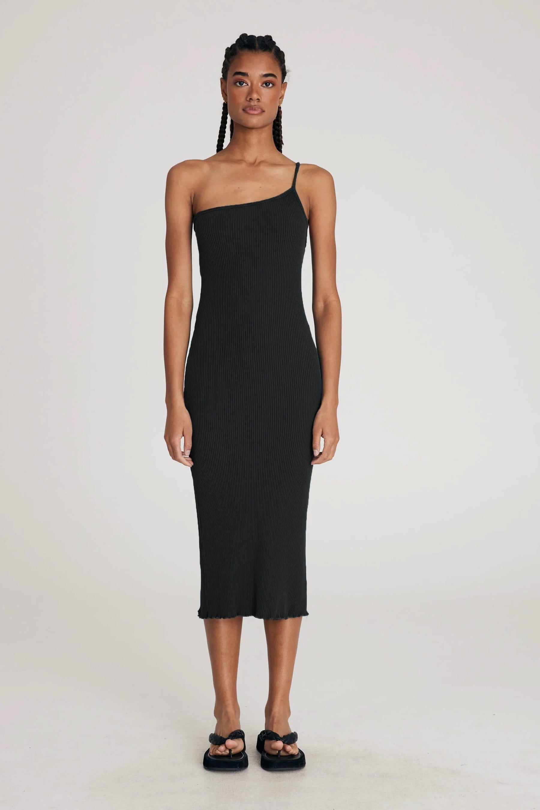 Vintage Black Hemp Rib One Shoulder Dress