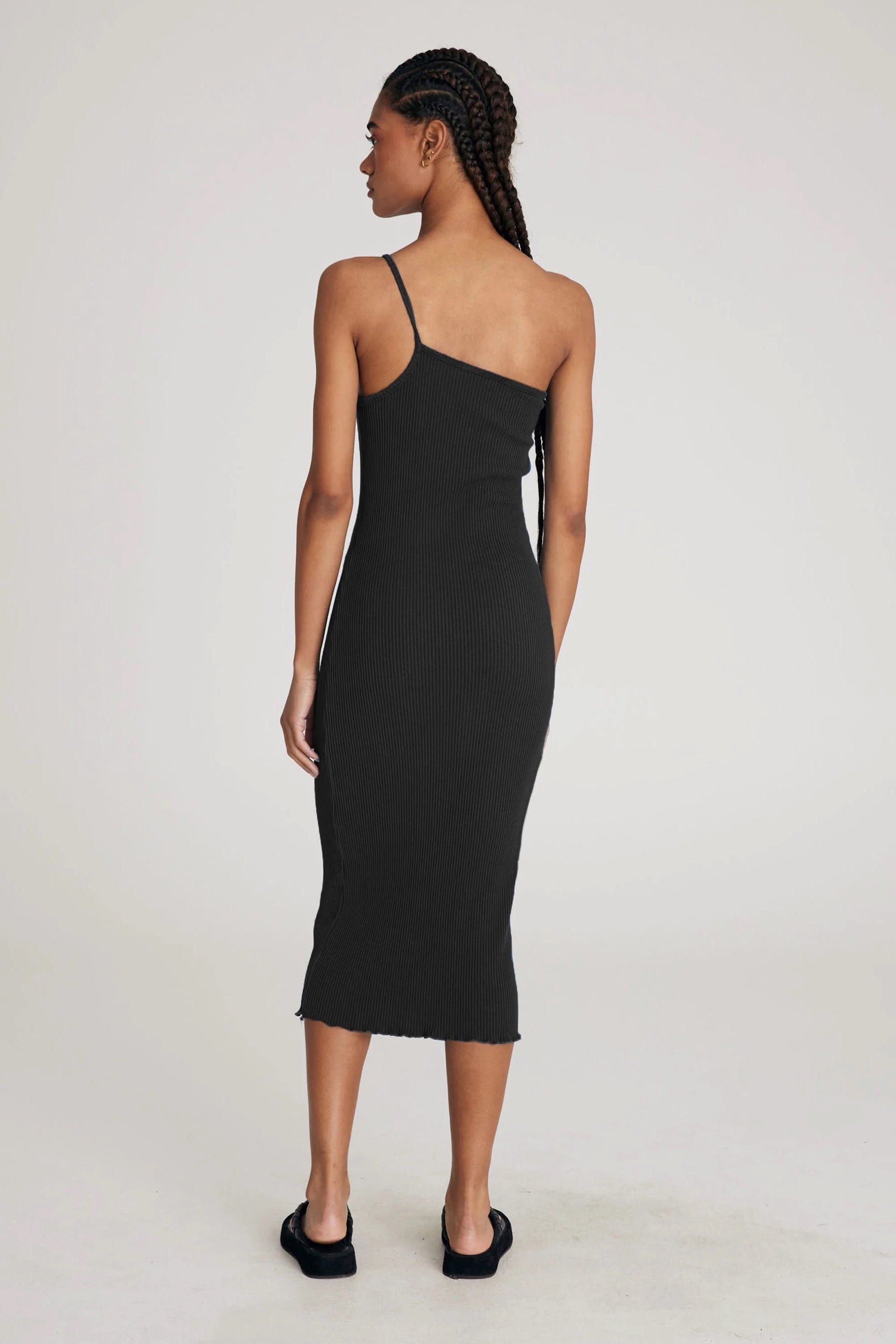 Vintage Black Hemp Rib One Shoulder Dress