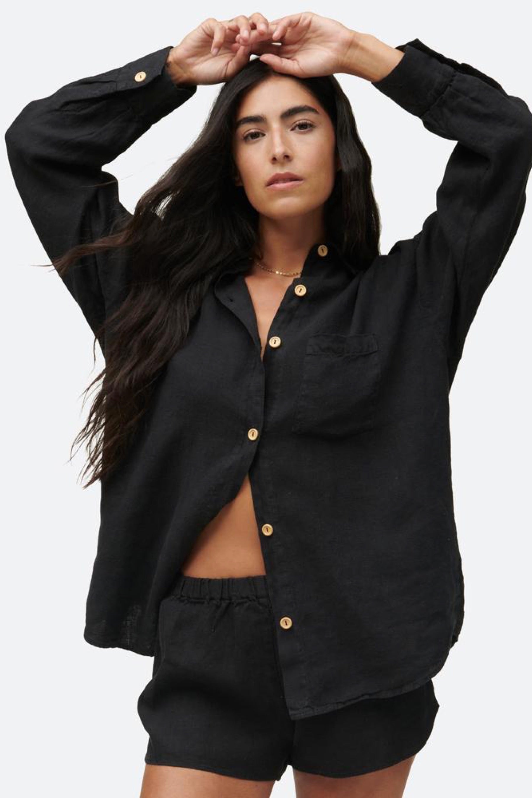 Jet Black Linen Long Sleeve Shirt