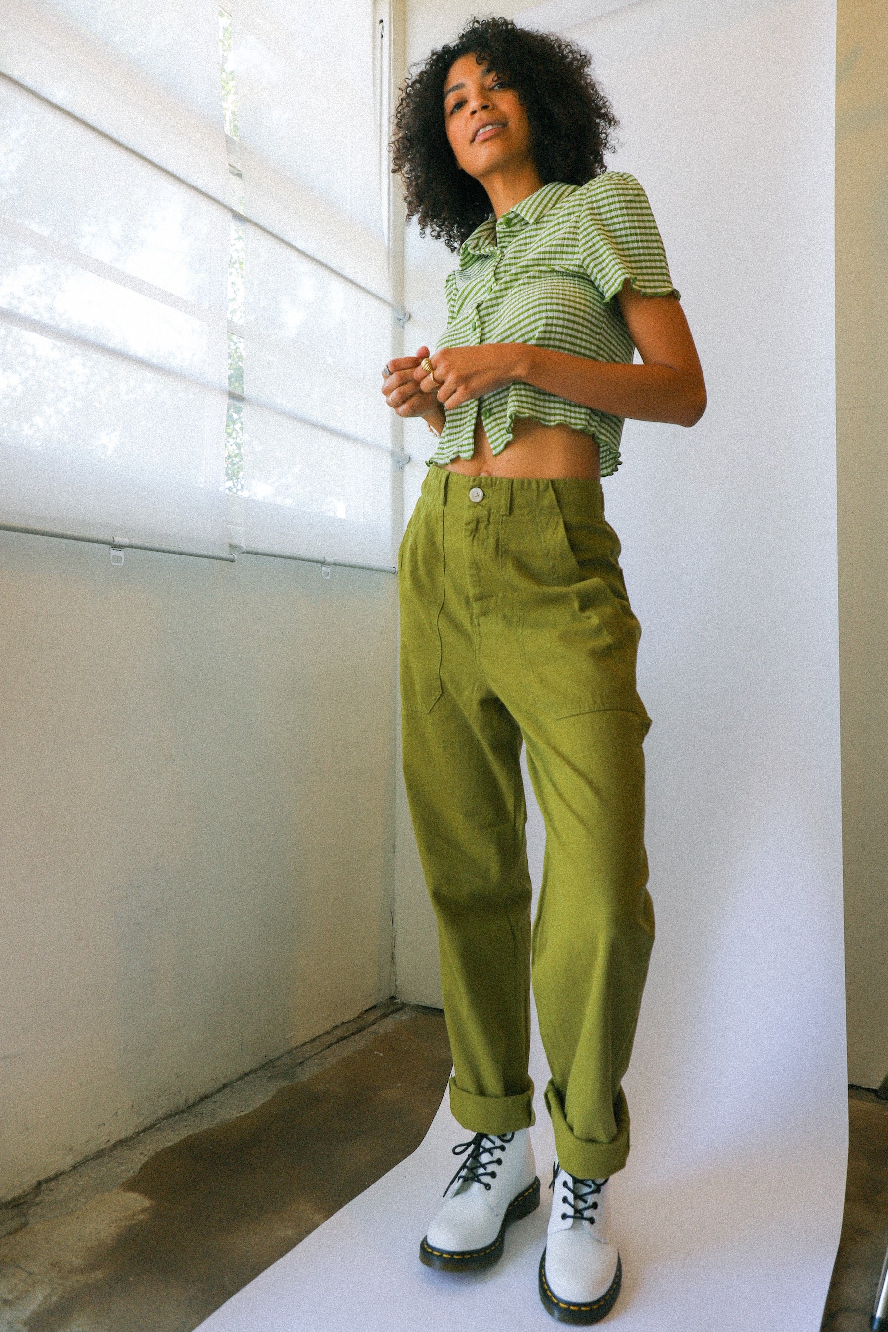 Olive Check Sabrina Top