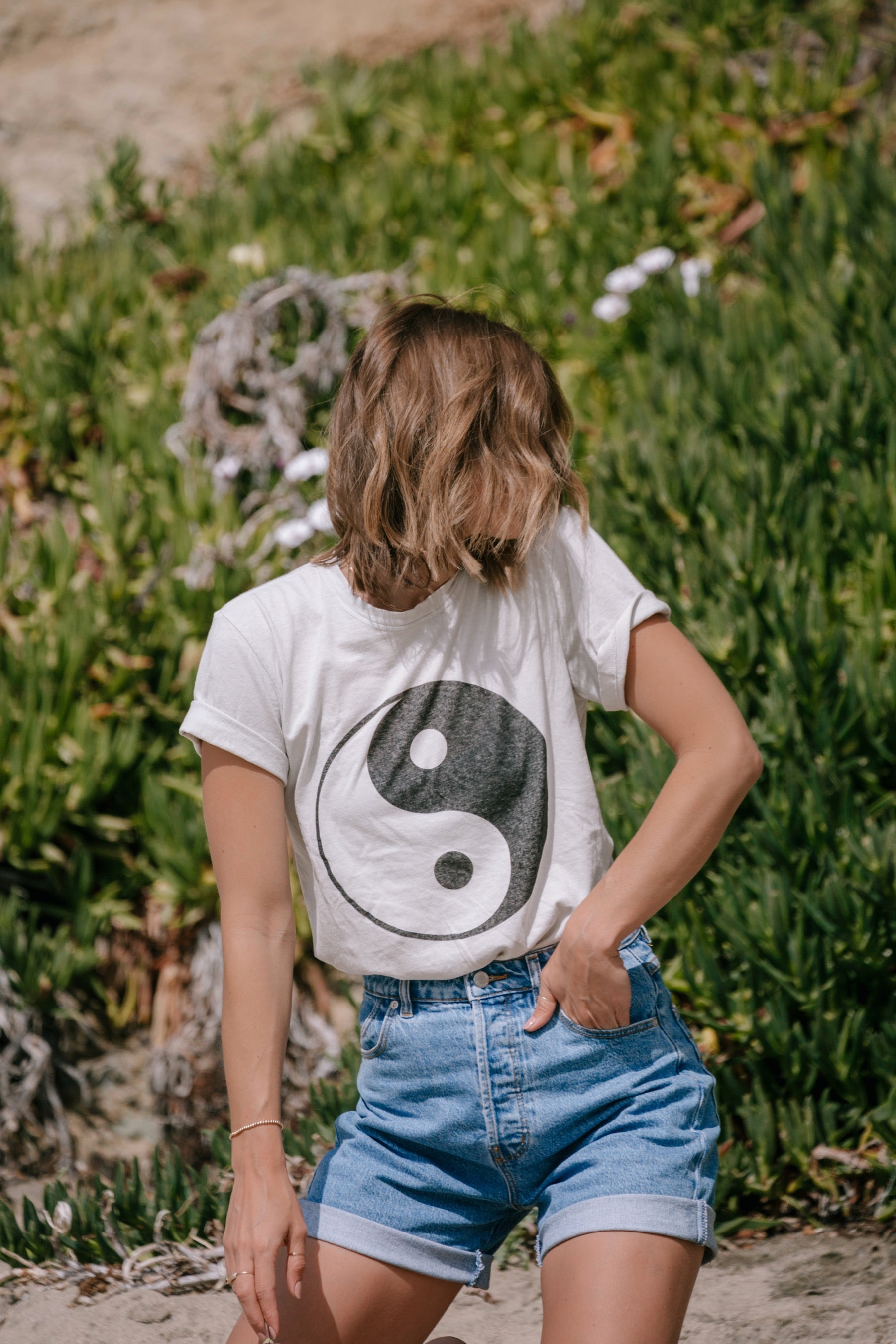 Washed White Yin Yang Basic Tee